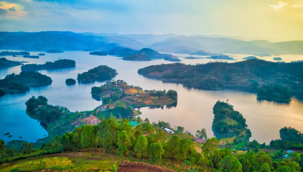 Scenic islands of Lake Bunyonyi Uganda near Bwindi after gorilla trekking