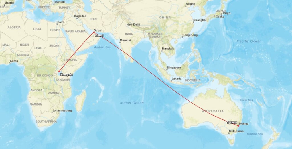 Map illustrating a flight route from Australia to Entebbe via Dubai