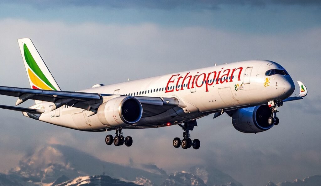 Ethiopian Airlines aircraft landing at Kigali International Airport in Rwanda