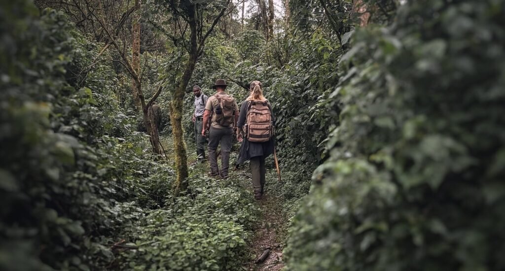 A line of trekkers hiking through the thick, lush canopy of a Ugandan rainforest.