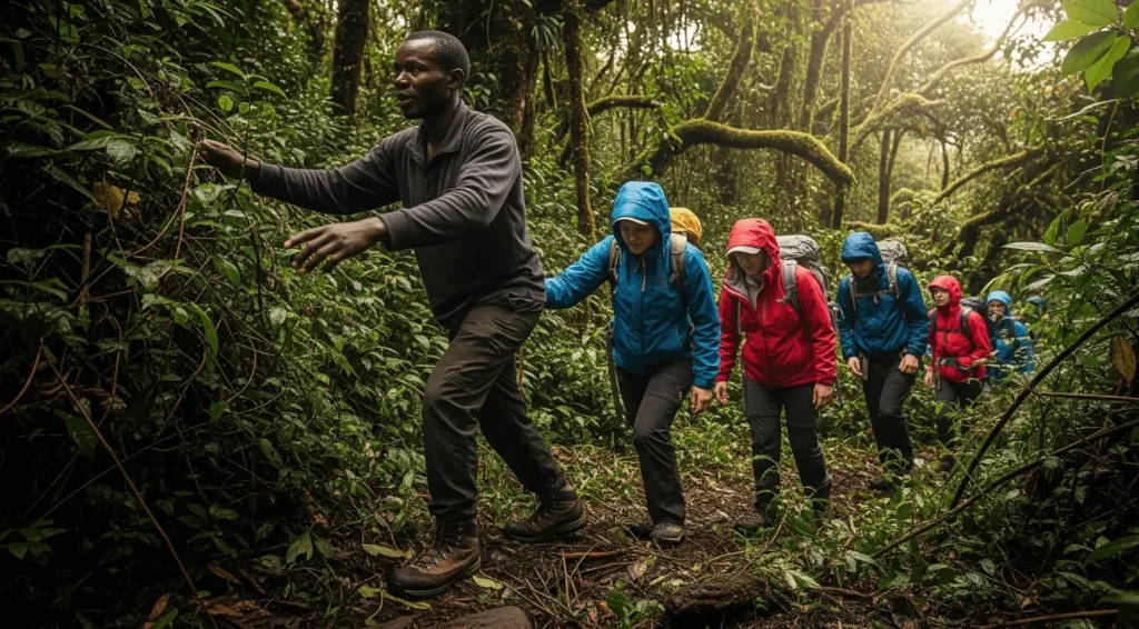 Group of trekkers hiking a forested trail on a gorilla trek in Uganda