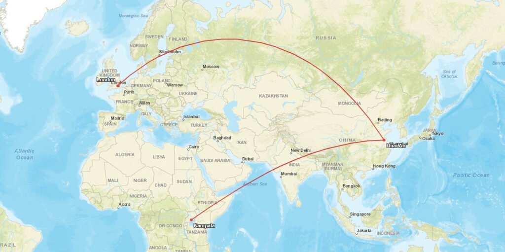 Map of a common London Heathrow to Entebbe route with a stop in Doha