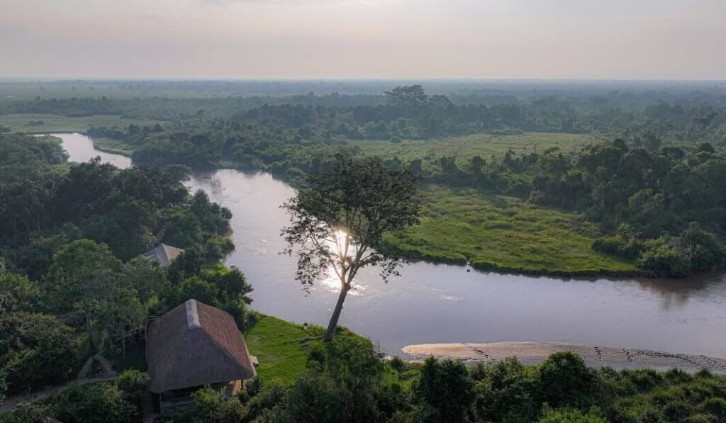A peaceful landscape view of the Ishasha River at sunset, a famous spot for tree-climbing lions nearby.