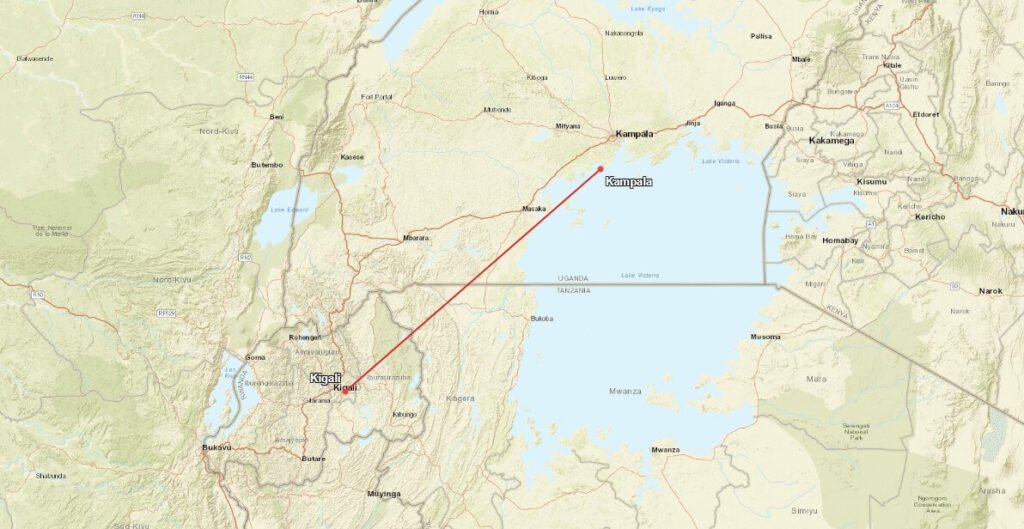 Map showing the flight route between Kigali and Entebbe across East Africa
