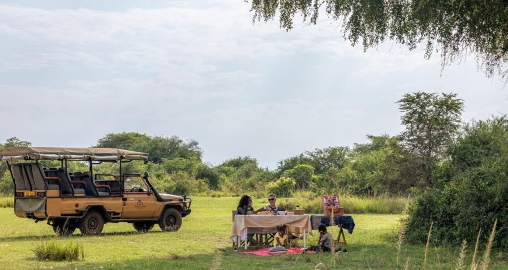 Travelers having lunch overlooking the Nile River during a Murchison Falls National Park safari in Uganda