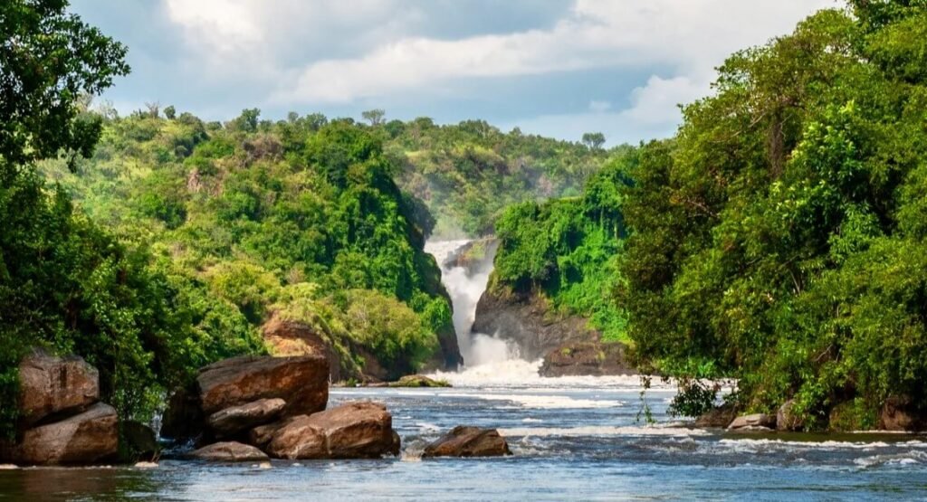 Powerful white water rushing through the narrow Murchison Falls gorge on the Victoria Nile Uganda