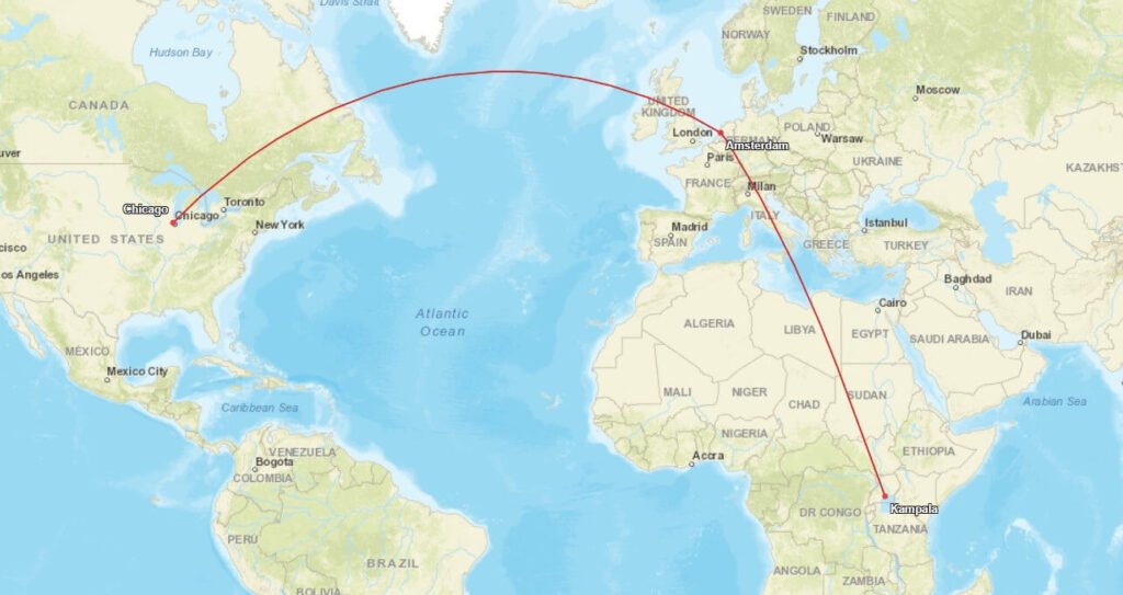Map showing a flight connection from Chicago O’Hare to Entebbe through Amsterdam