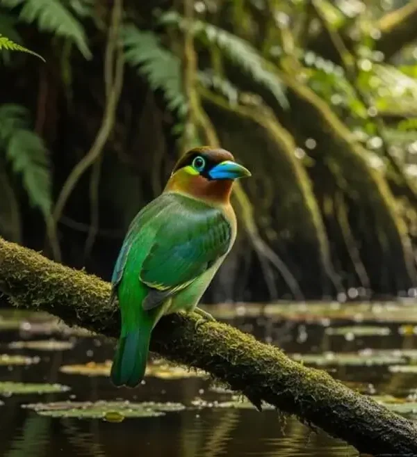 African Green Broadbill at Mubwindi Swamp, rare Albertine Rift endemic