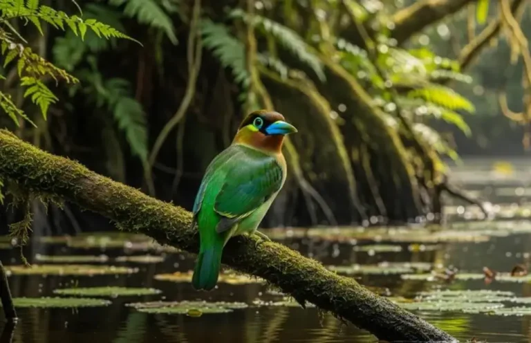 African Green Broadbill at Mubwindi Swamp, rare Albertine Rift endemic