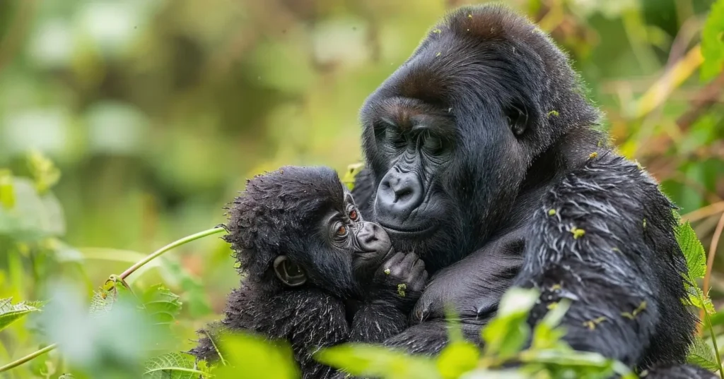 A mountain gorilla mother cradles her infant in the lush green undergrowth of a Ugandan forest.