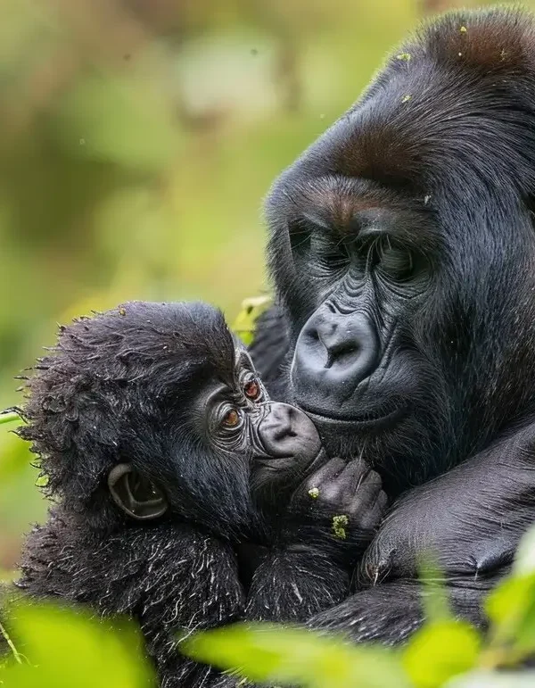 A mountain gorilla mother cradles her infant in the lush green undergrowth of a Ugandan forest.