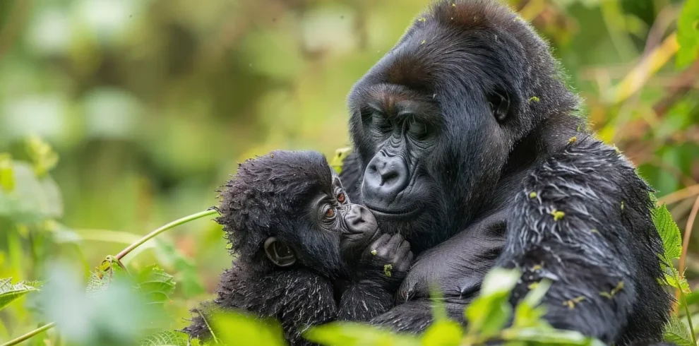 A mountain gorilla mother cradles her infant in the lush green undergrowth of a Ugandan forest.