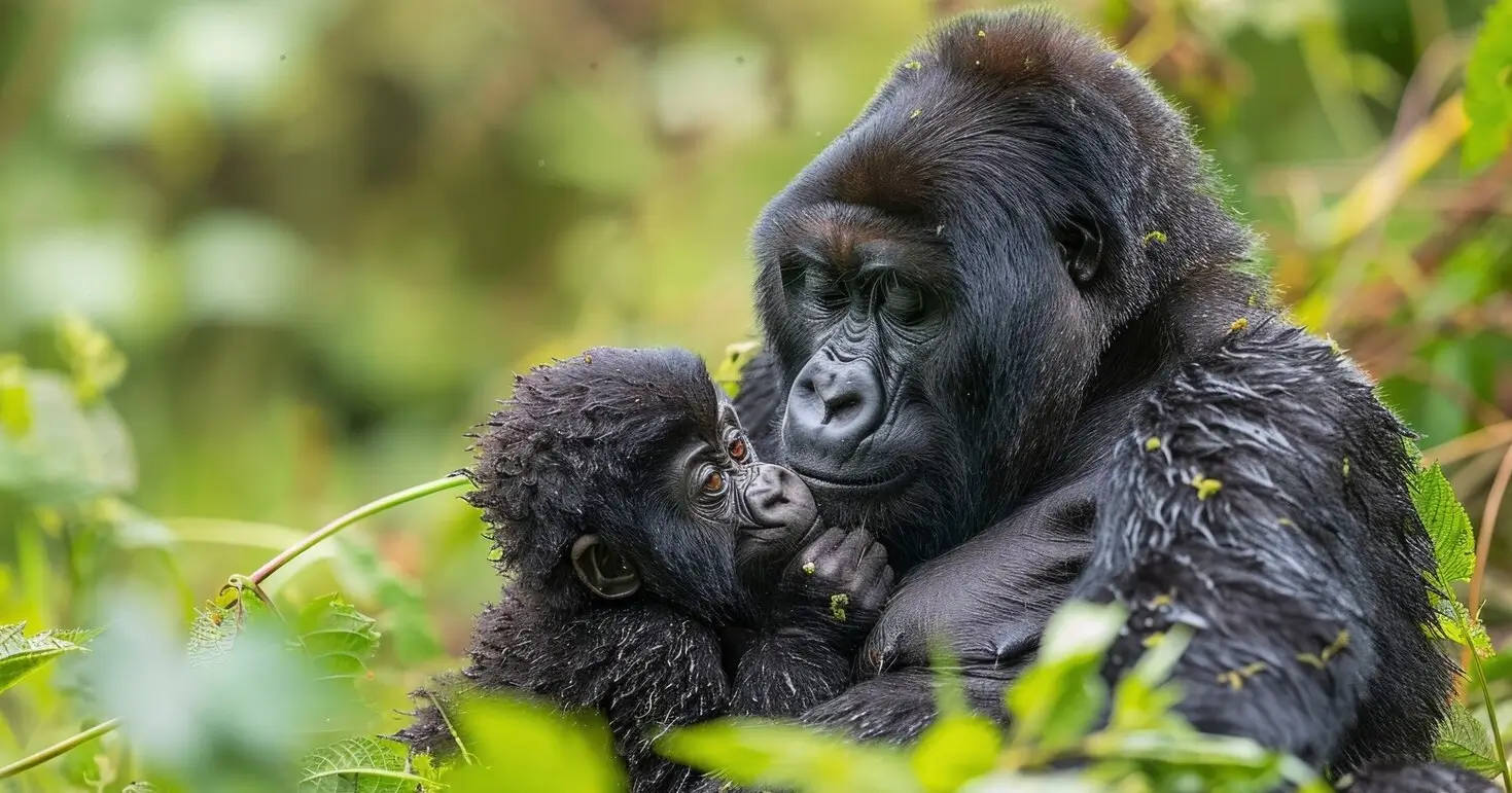 A mountain gorilla mother cradles her infant in the lush green undergrowth of a Ugandan forest.