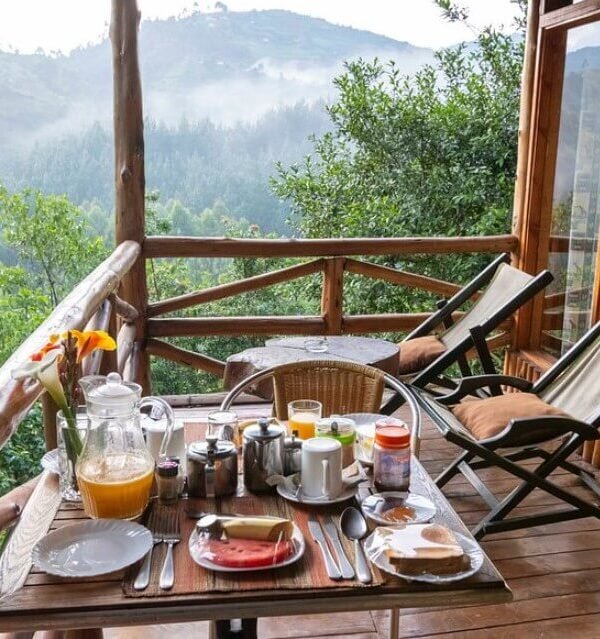 A breakfast table set on a private wooden balcony with a direct view of the dense rainforest foliage.