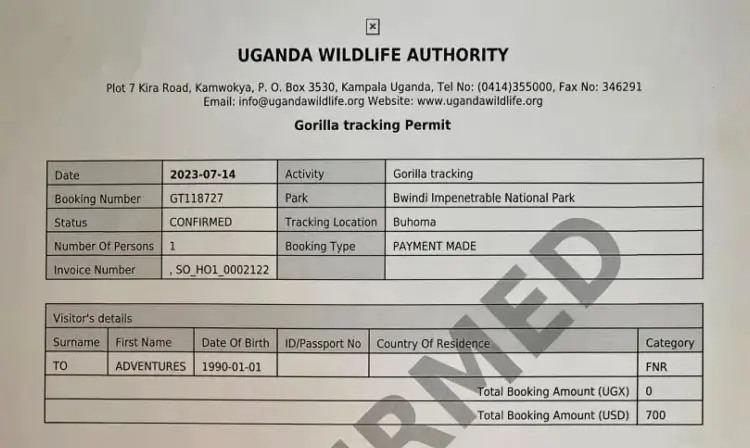 An official Uganda Wildlife Authority Gorilla Tracking Permit for Bwindi Impenetrable National Park, showing booking details for the Buhoma tracking location with a "Confirmed" status and "Payment Made" stamp.