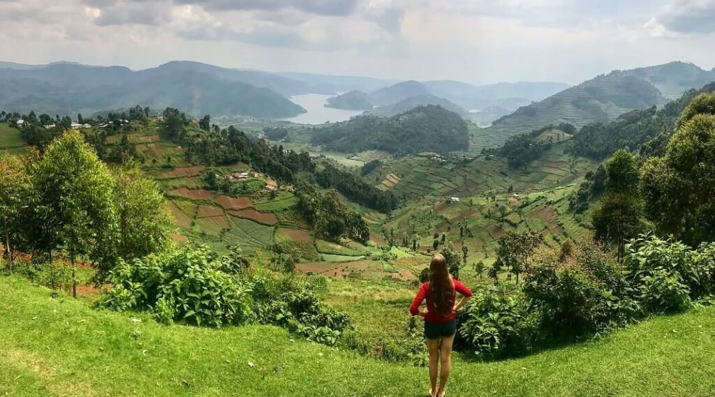 A panoramic view of the steep, terraced hillsides surrounding Lake Bunyonyi, showcasing the unique "Switzerland of Africa" landscape.