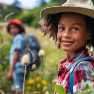Smiling child wearing a safari hat during a guided nature walk near Uganda’s national parks