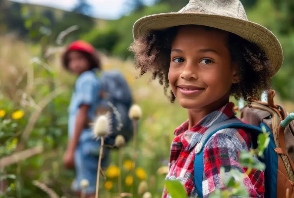 Smiling child wearing a safari hat during a guided nature walk near Uganda’s national parks