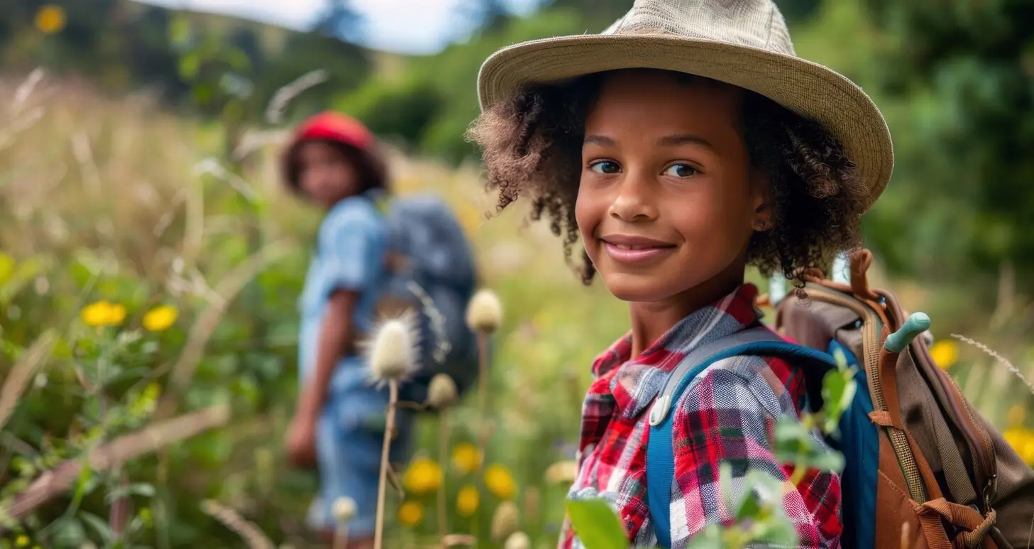 Smiling child wearing a safari hat during a guided nature walk near Uganda’s national parks