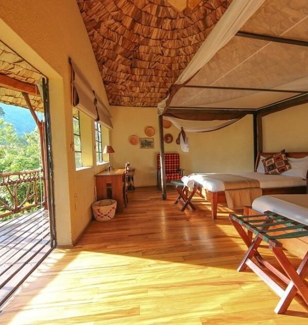 A spacious, high-end guest suite with polished wood floors, twin beds, and a large private balcony overlooking the forest.