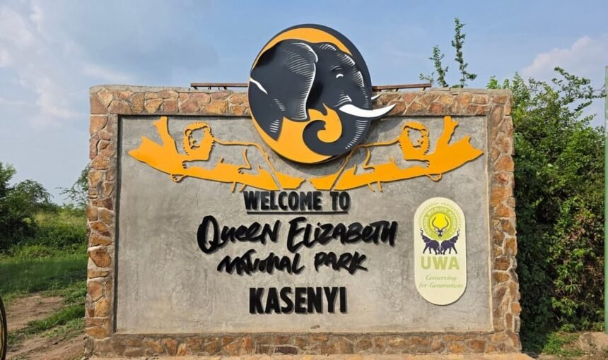 Welcome signboard at the entrance to Queen Elizabeth National Park in western Uganda