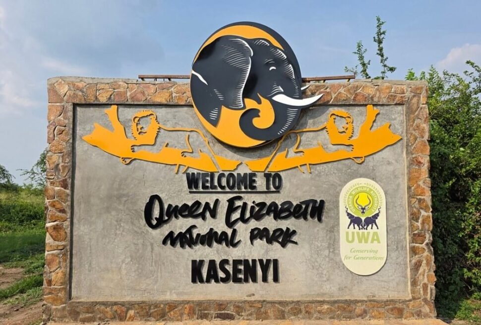Welcome signboard at the entrance to Queen Elizabeth National Park in western Uganda