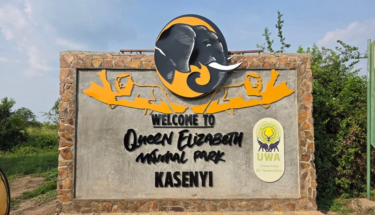 Welcome signboard at the entrance to Queen Elizabeth National Park in western Uganda
