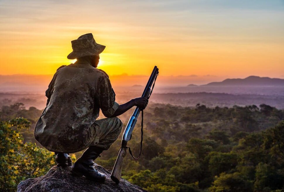 A silhouetted park ranger overlooking the misty valley at sunset, emphasizing the safety of gorilla trekking.